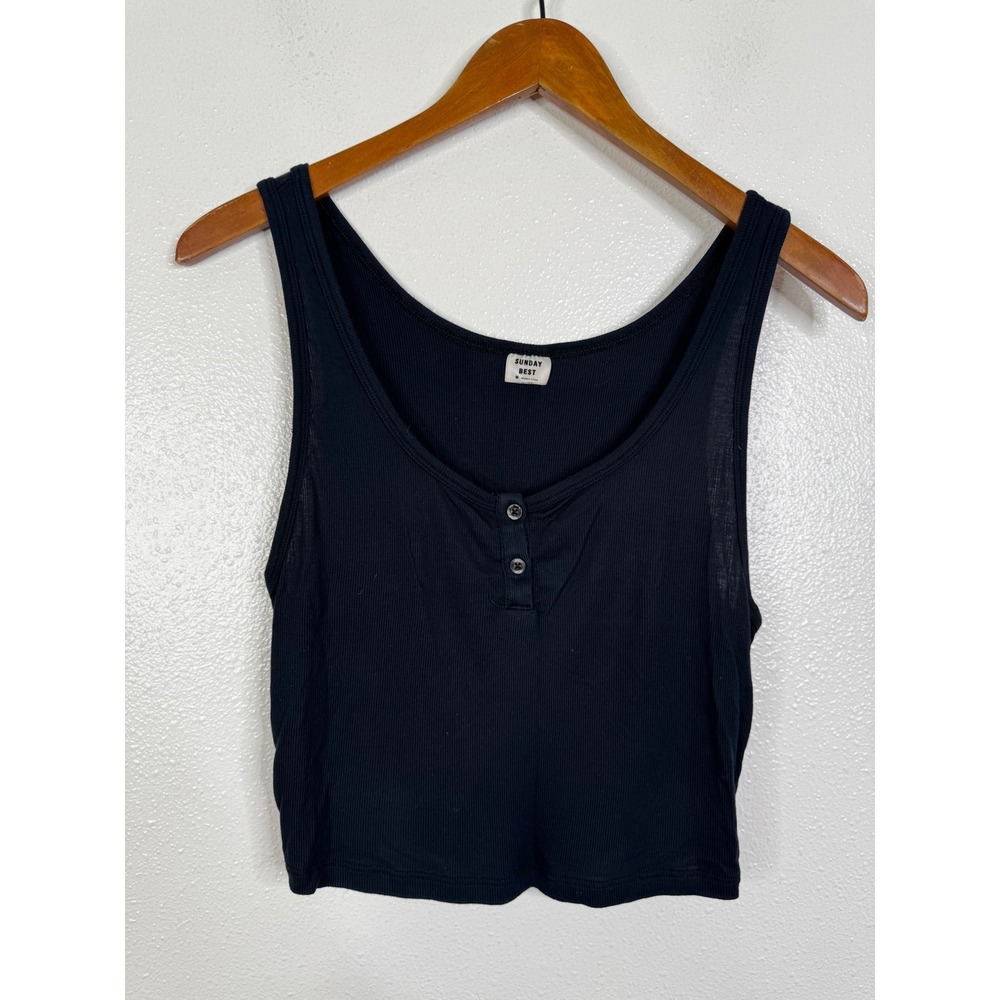Sunday Best Aritzia Black Ribbed Henley Tank Top Cropped Scoop Neck M